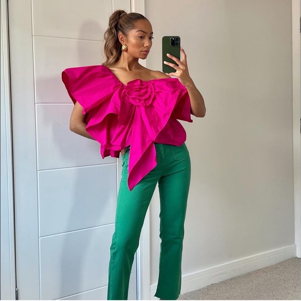 ZARA PINK VOLUMINOUS RUFFLE ASYMMETRIC TOP PINK